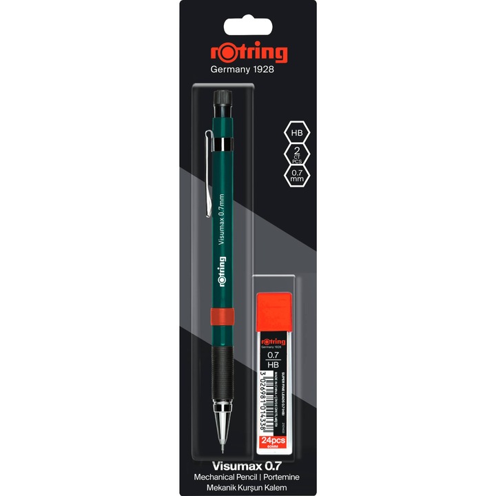 Set Rotring Visumax creion mecanic 0.7 mm Green + etui mine grafit 0.7 HB