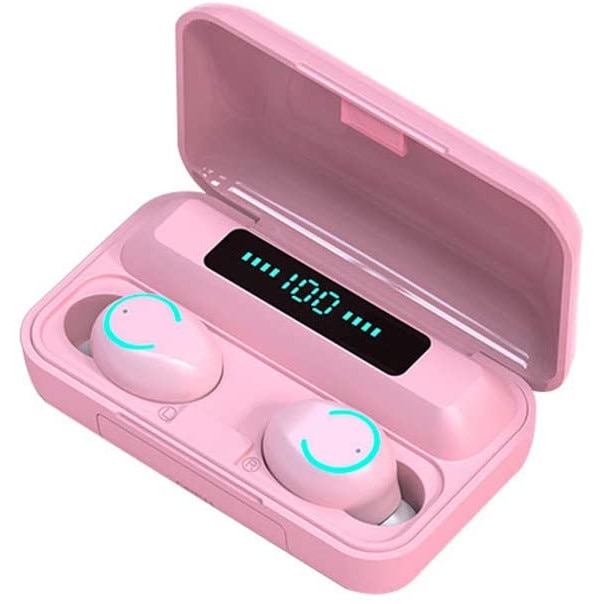 Casti bluetooth 5.0, F9-5 TWS, impermeabile, wireless, mini, cutie de incarcare, afisaj electronic, baterie externa, roz