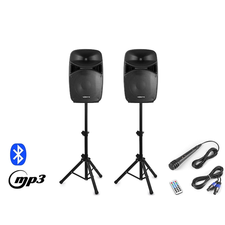 Vonyx VPS152A 1000W (38 cm) aktív + passzív hangfal szett állványokkal (MP3 + BLUETOOTH)