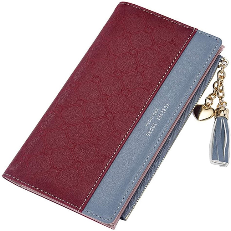 Portofel dama, ASKSA, fante lungi din piele PU cu ciucuri, dimensiune 19x10 cm, Rosu/Albastru