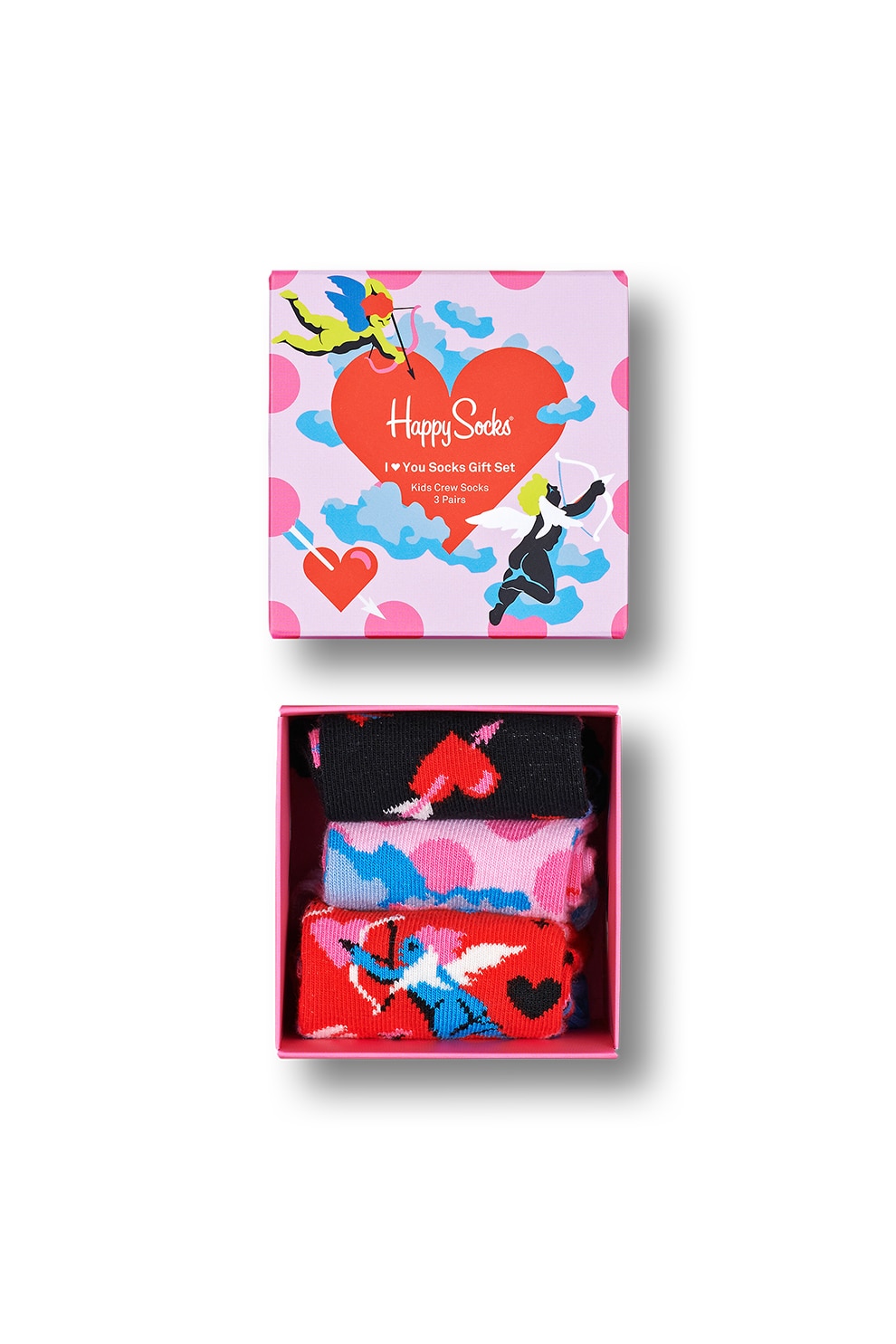 Happy Socks, Set 3 perechi de sosete, unisex, cu imprimeu Cupidon, Rosu/Roz/Negru, Rosu/Roz/Negru