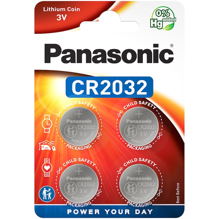 Baterii Panasonic Litiu CR2032, 3V, 4 buc