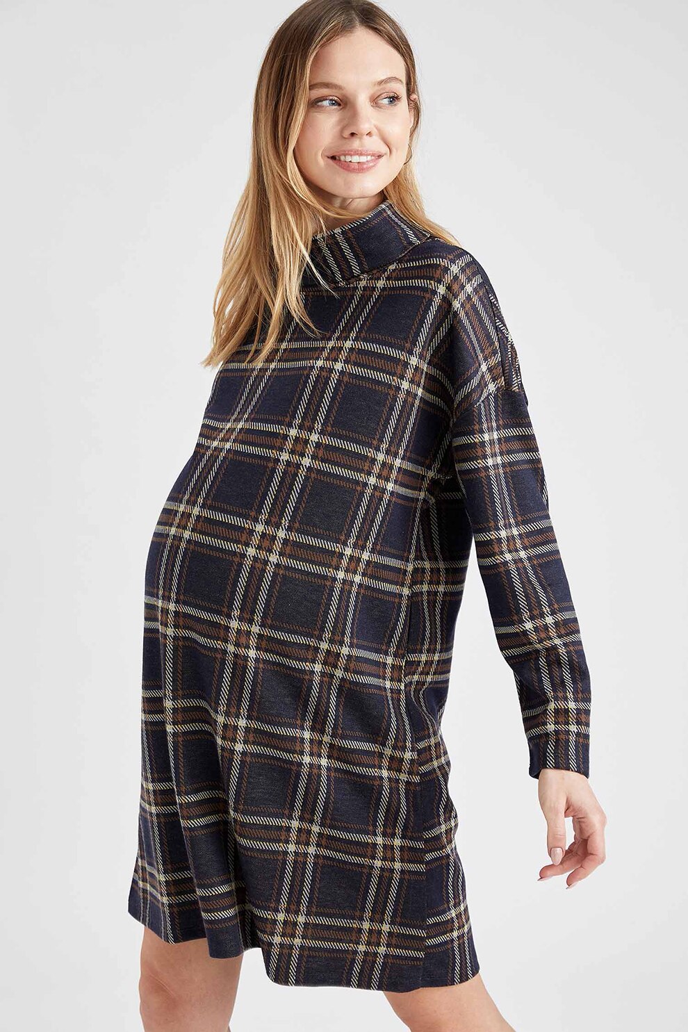 DeFacto, Rochie in carouri, pentru gravide, Bleumarin/Kaki/Alb, 2XL