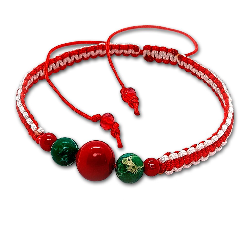 Bratara ArtDeco impletita manual din snur rosu si alb, cu pietre semipretioase de Coral, Jasp Imperial Regalit si cristale de Terahertz, reglabila cu diametrul de 15-25 cm