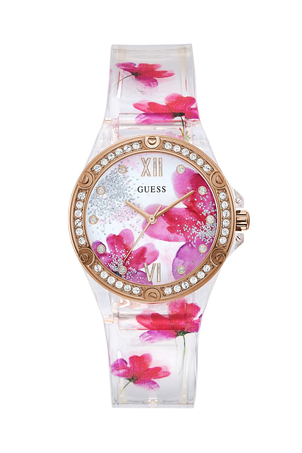 Guess, Ceas quartz decorat cu cristale, Auriu rose/roz fucsia/alb