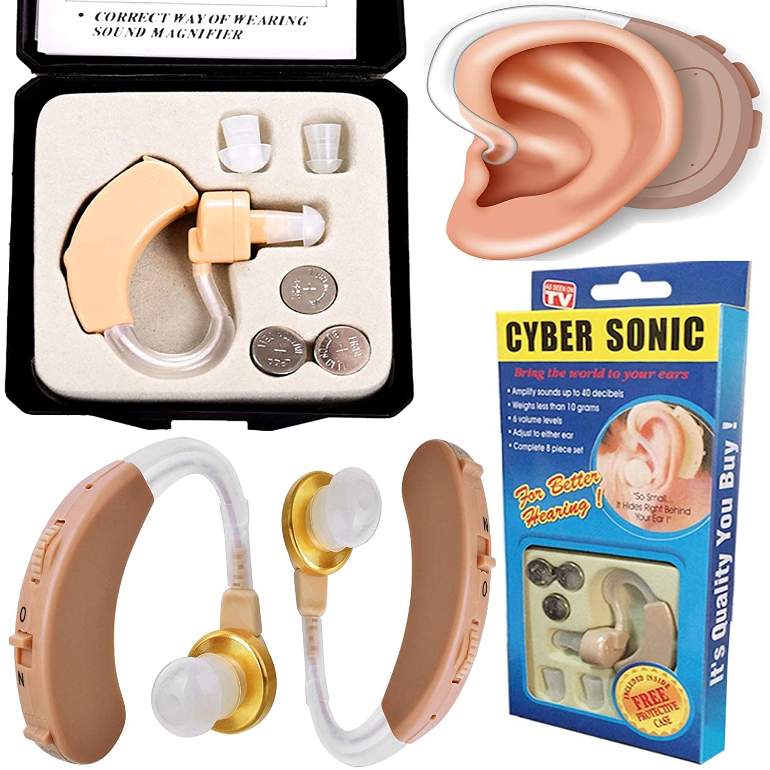 Hallókészülék, hallásjavító, fül mögötti, állítható, 3 db különböző méretű  szilikon füldugóval - eMAG.hu
