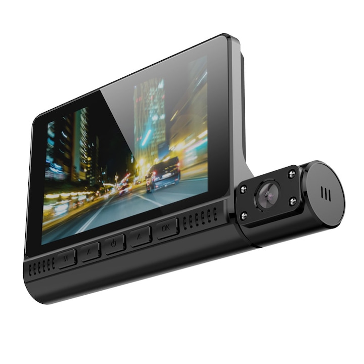 Camera auto DVR, Ecran tactil de 4", 1080P Full HD, 170 grade, 3 lentile, inregistrare in bucla, senzor G, Negru