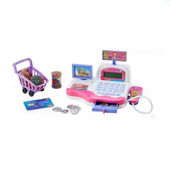 Set de joaca casa de marcat cu mini cos cumparaturi, monezi si card, 13 piese Set de joaca casa de marcat cu mini cos cumparaturi, monezi si card, 13 piese