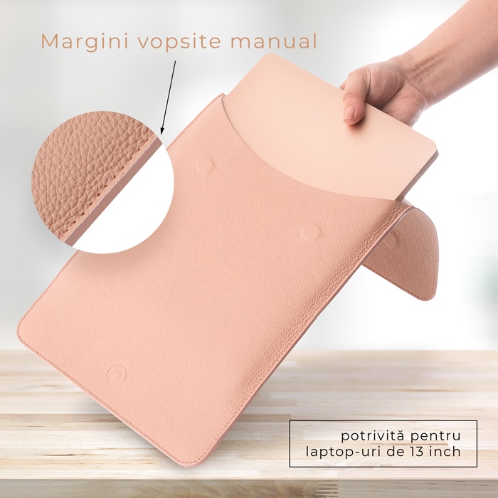 Husa laptop, MacBook PRO 15 inch, piele naturala cu mouse pad, inchidere magnetica, margini vopsite manual, e-store, nude