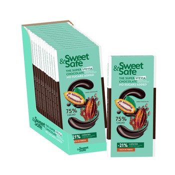 Pachet 15 buc ciocolata amaruie 75% cu indulcitor din Stevia, Sweet&Safe, fara zaharuri adaugate, 90g Pachet 15 buc ciocolata amaruie 75% cu indulcitor din Stevia, Sweet&Safe, fara zaharuri adaugate, 90g