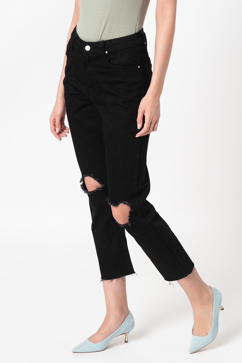 BRAVE SOUL, Blugi mom fit crop cu aspect deteriorat Seba, Negru