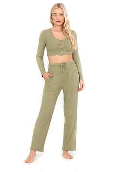 BRAVE SOUL, Set de bluza de casa cu striatii si pantaloni, Verde sparanghel, L BRAVE SOUL, Set de bluza de casa cu striatii si pantaloni, Verde sparanghel, L