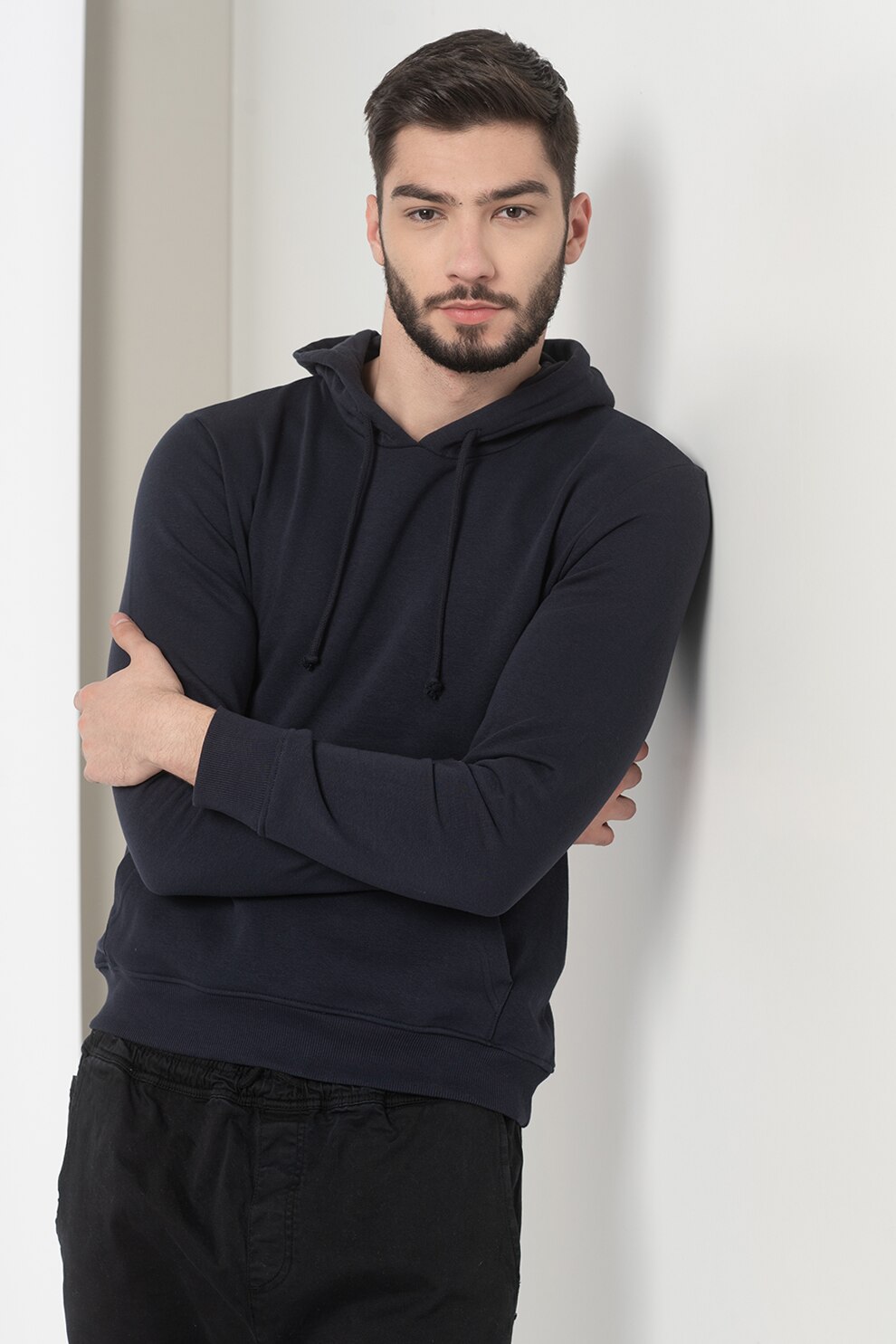 BRAVE SOUL, Hanorac cu buzunar kangaroo si gluga cu snur, din amestec de bumbac, Bleumarin inchis, XL