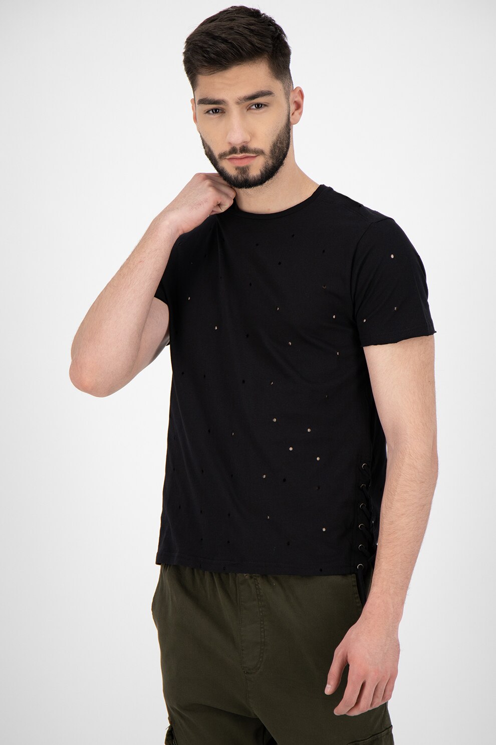 BRAVE SOUL, Tricou cu snururi laterale si perforatii Jax, Negru