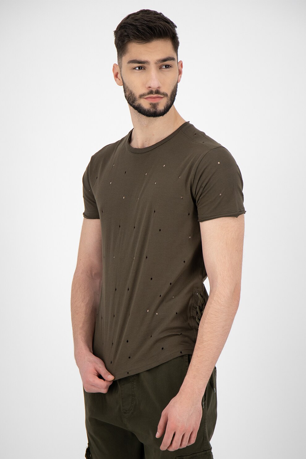 BRAVE SOUL, Tricou cu snururi laterale si perforatii Jax, Verde militar