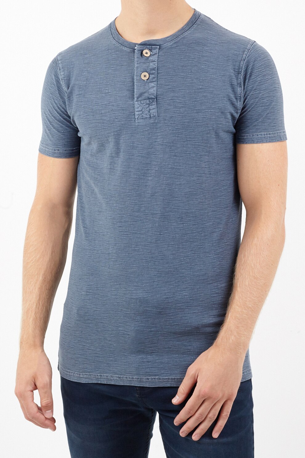 BRAVE SOUL, Tricou cu decolteu Henley Globe, Albastru prafuit, S