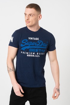 SUPERDRY, Tricou cu decolteu la baza gatului si logo, Bleumarin, XL SUPERDRY, Tricou cu decolteu la baza gatului si logo, Bleumarin, XL