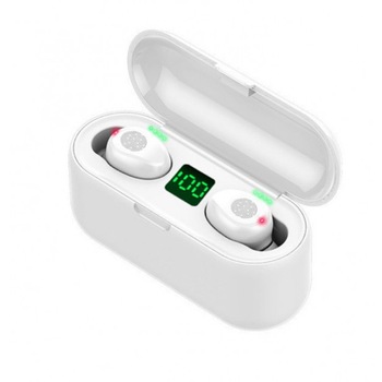 Casti wireless TWS F-9, Bluetooth 5.0, Powerbank, Sunet HiFi HD, Alb Casti wireless TWS F-9, Bluetooth 5.0, Powerbank, Sunet HiFi HD, Alb
