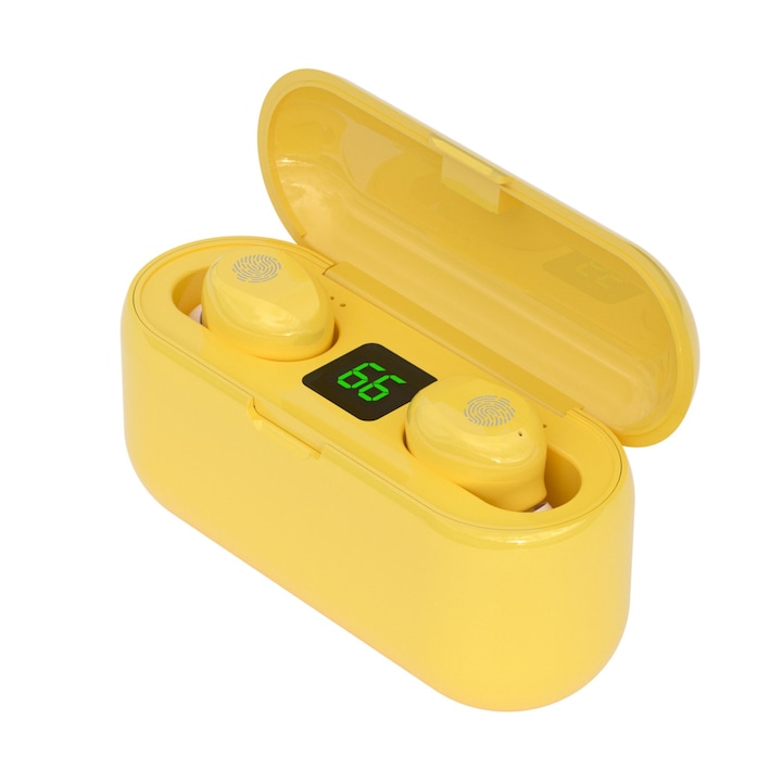 Vezeték nélküli fejhallgató TWS F-9, Bluetooth 5.0, Powerbank, HiFi HD hang, sárga