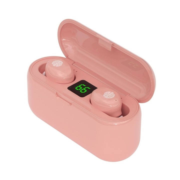 Vezeték nélküli fejhallgató TWS F-9, Bluetooth 5.0, Powerbank, HiFi HD Sound, rózsaszín