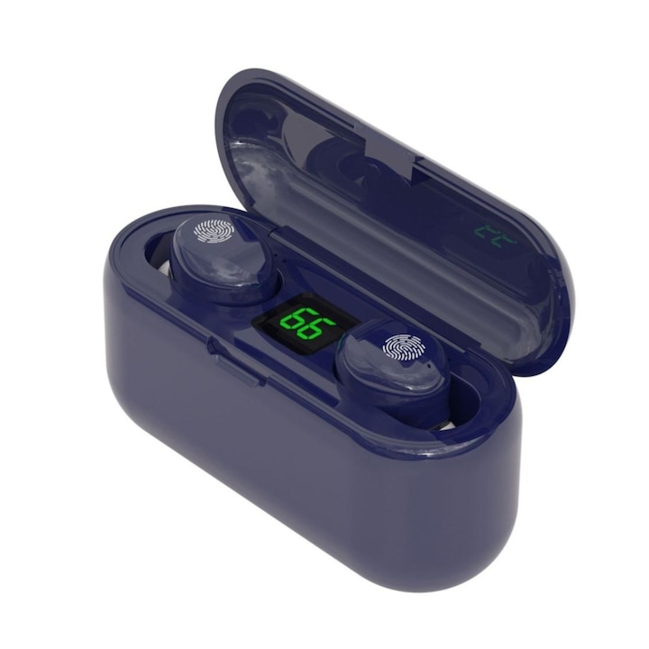 Безжични слушалки Planet Tech F9, Wireless, Bluetooth 5.0, Водоустойчиви, Auto Pairing, Touch Control, Powerbank 2000mAh, Тъмно син
