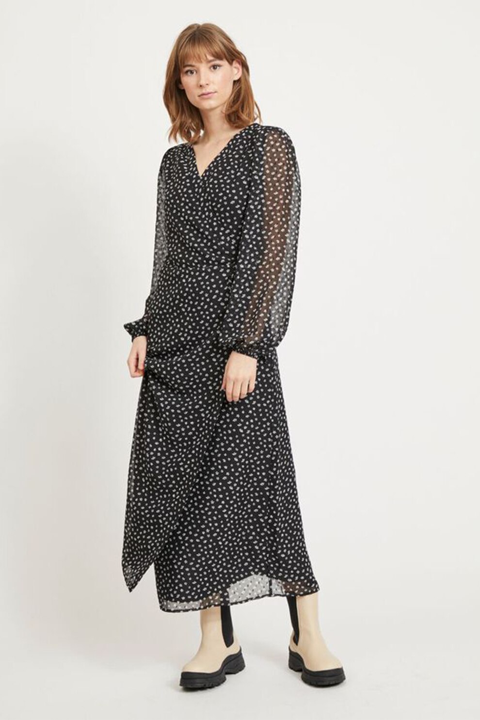 Vila, Rochie maxi cu decolteu in V, Negru/Alb