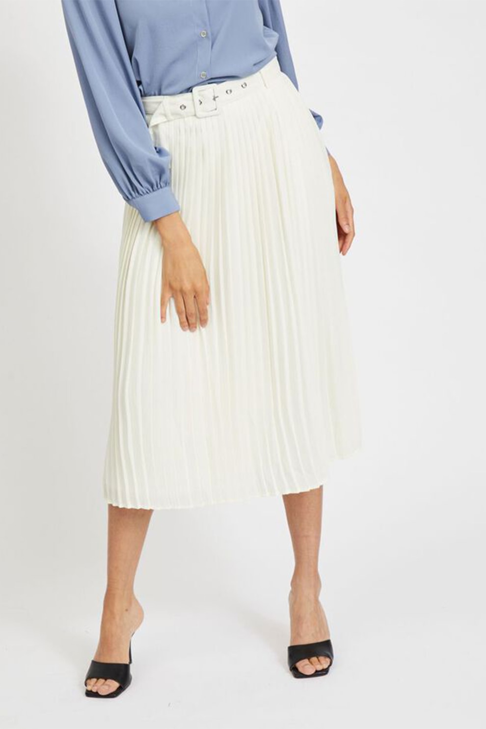 Vila, Fusta midi cu pliuri, Crem, L
