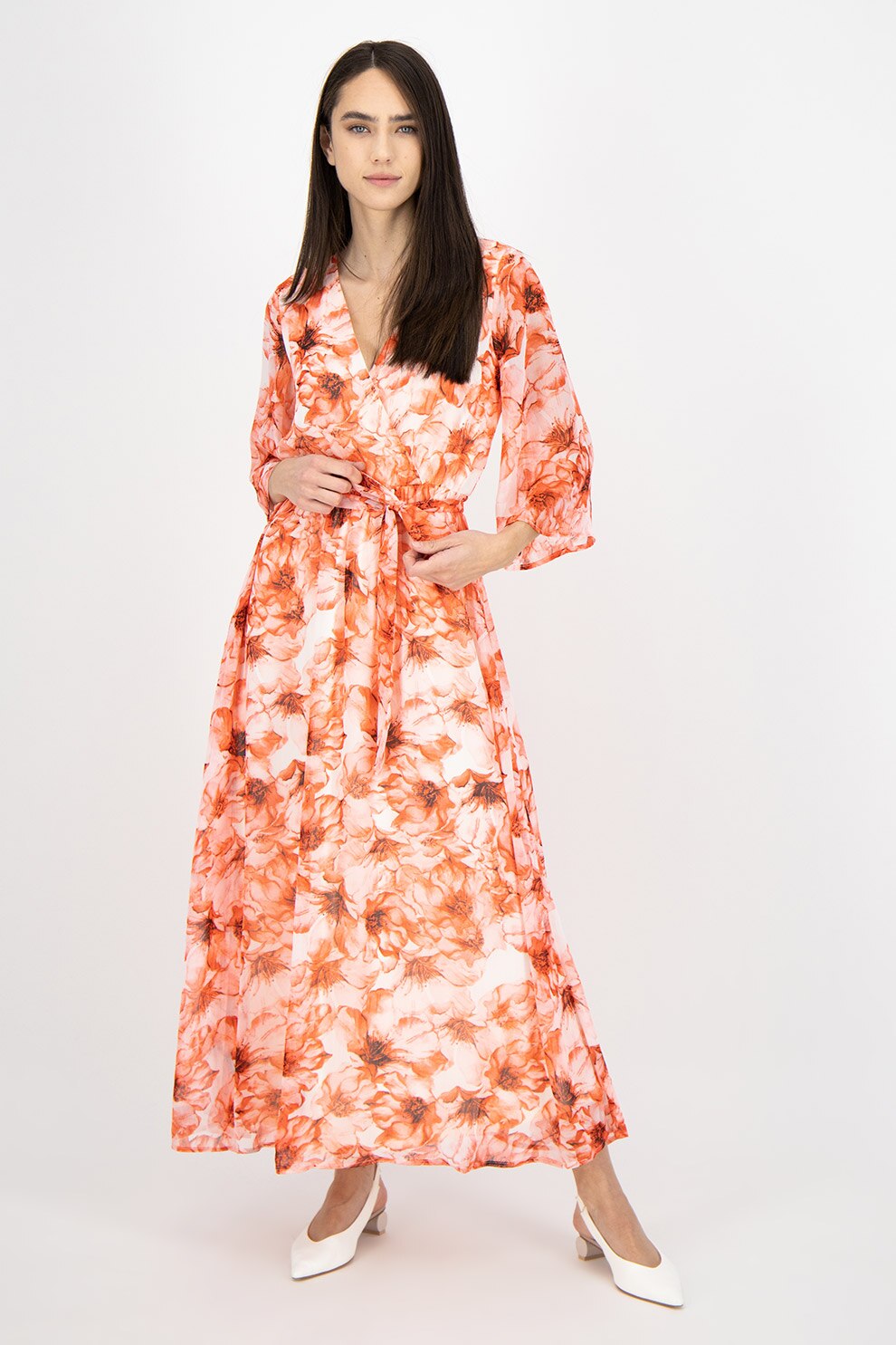 Vila, Rochie maxi cu imprimeu floral, Rosu/Alb, S