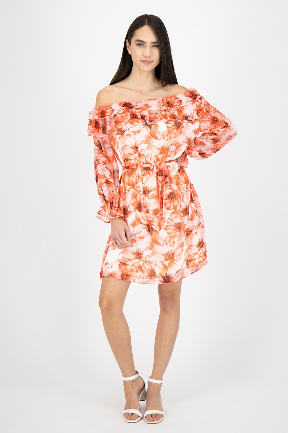 Vila, Rochie mini cu decolteu pe umeri si imprimeu floral, Rosu