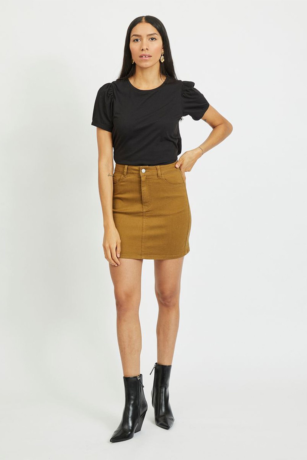 Vila, Tricou din amestec de bumbac organic cu decolteu la baza gatului, Negru