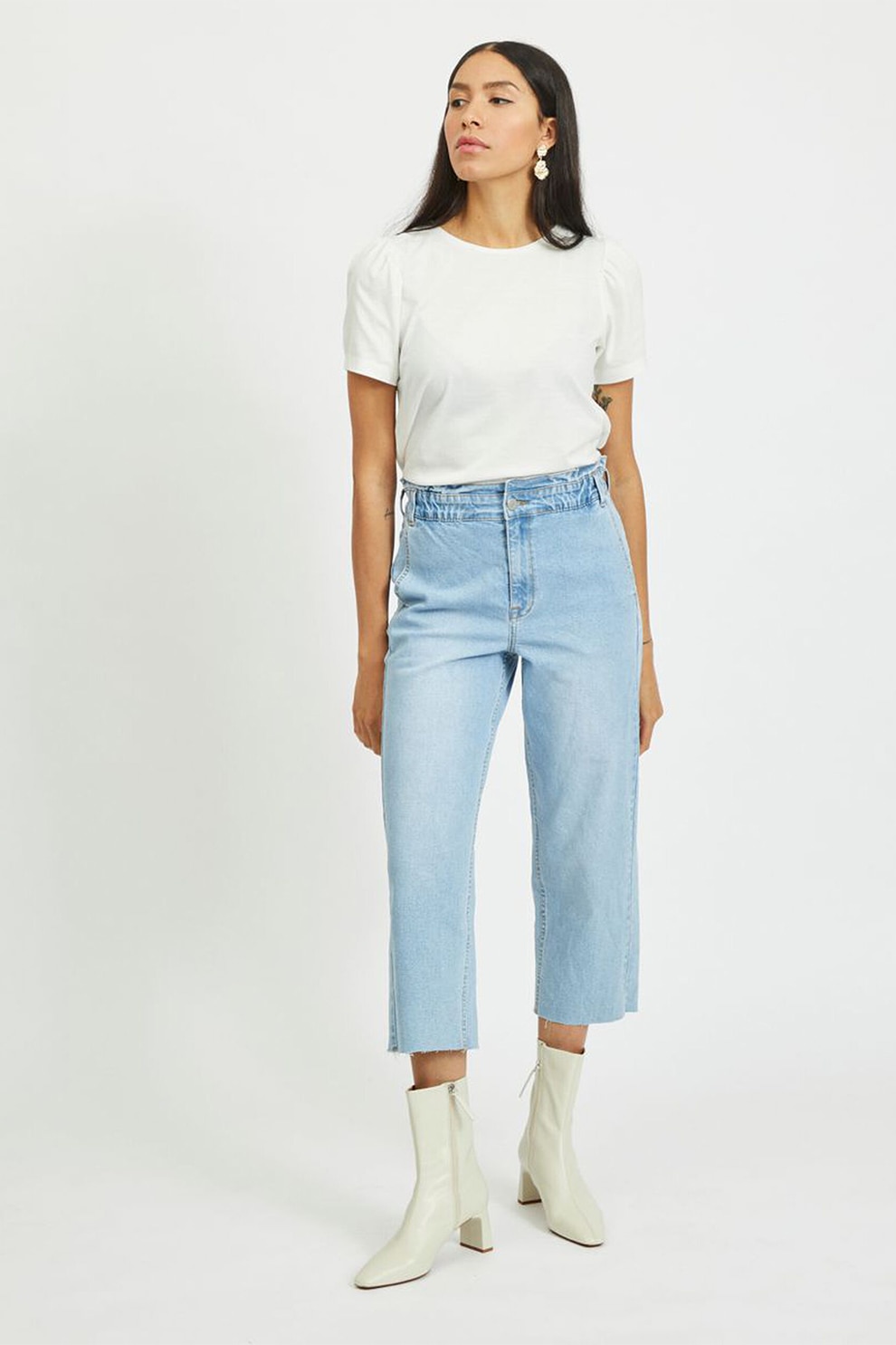 Vila, Tricou din amestec de bumbac organic cu decolteu la baza gatului, Alb