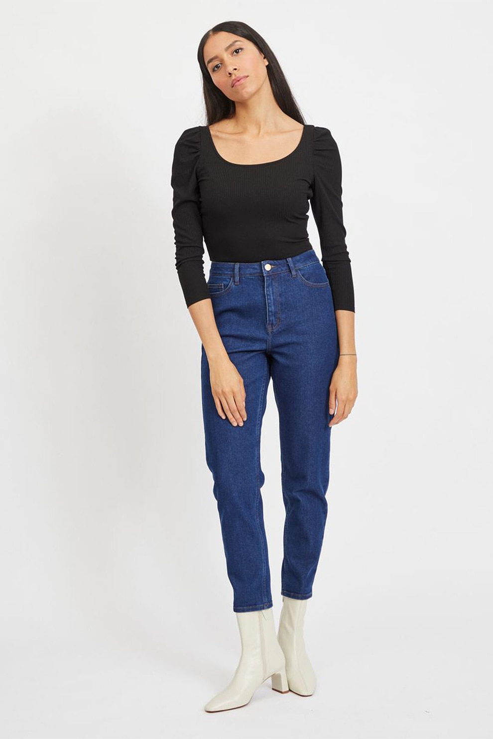 Vila, Blugi crop mom fit, Albastru inchis