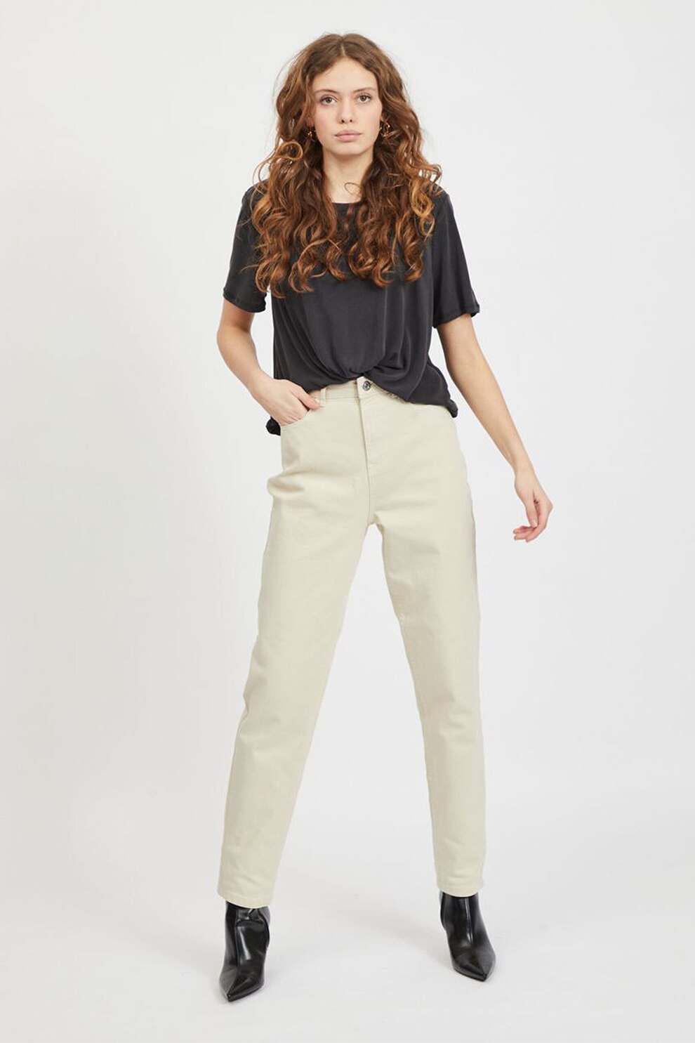 Vila, Blugi mom fit cu talie inalta, Crem