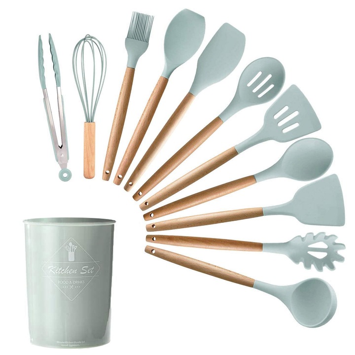 Set 11 ustensile de bucatarie,Vaxiuja,Antiaderente,Silicon,Maner din lemn,Verde deschis