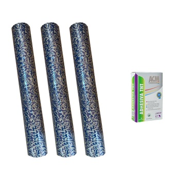Set tapet format 3 role de tapet plus o cutie adeziv tapet vinilic texturat albastru cu model clasik argintiu 57496, 0.53m x 10m rola Set tapet format 3 role de tapet plus o cutie adeziv tapet vinilic texturat albastru cu model clasik argintiu 57496, 0.53m x 10m rola