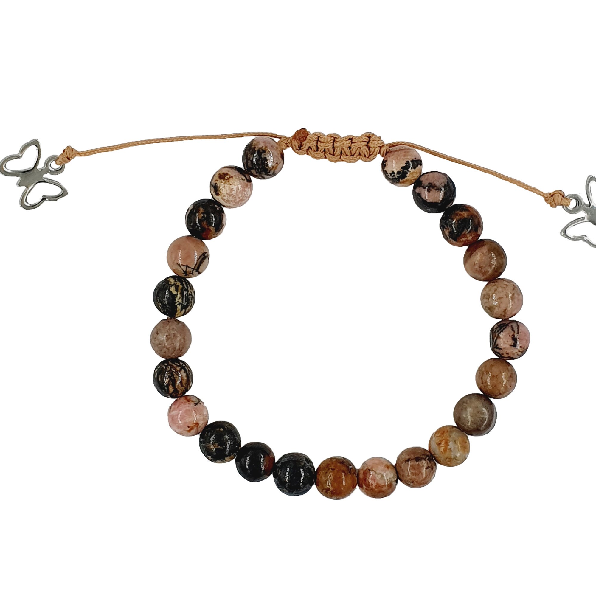 Bratara handmade din rodocrozit si otel, Snur reglabil cu 2 fluturi, 7 mm, Maro