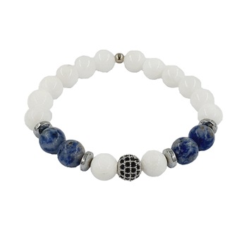 Bratara handmade din hematit, piatra alba tibetana si sodalit, 9 mm, Alb/Albastru Bratara handmade din hematit, piatra alba tibetana si sodalit, 9 mm, Alb/Albastru