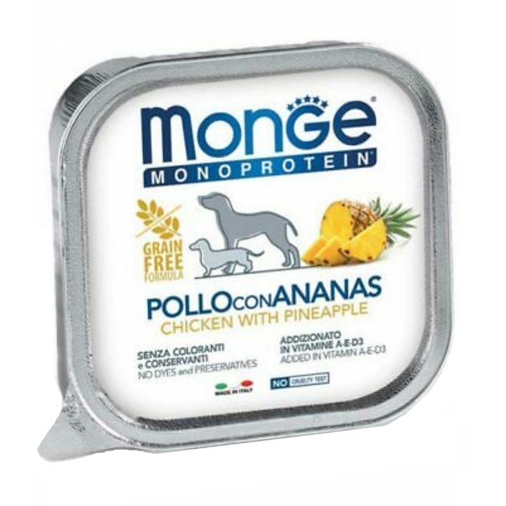 Hrana umeda pentru caini, Monge pui si ananas 150g