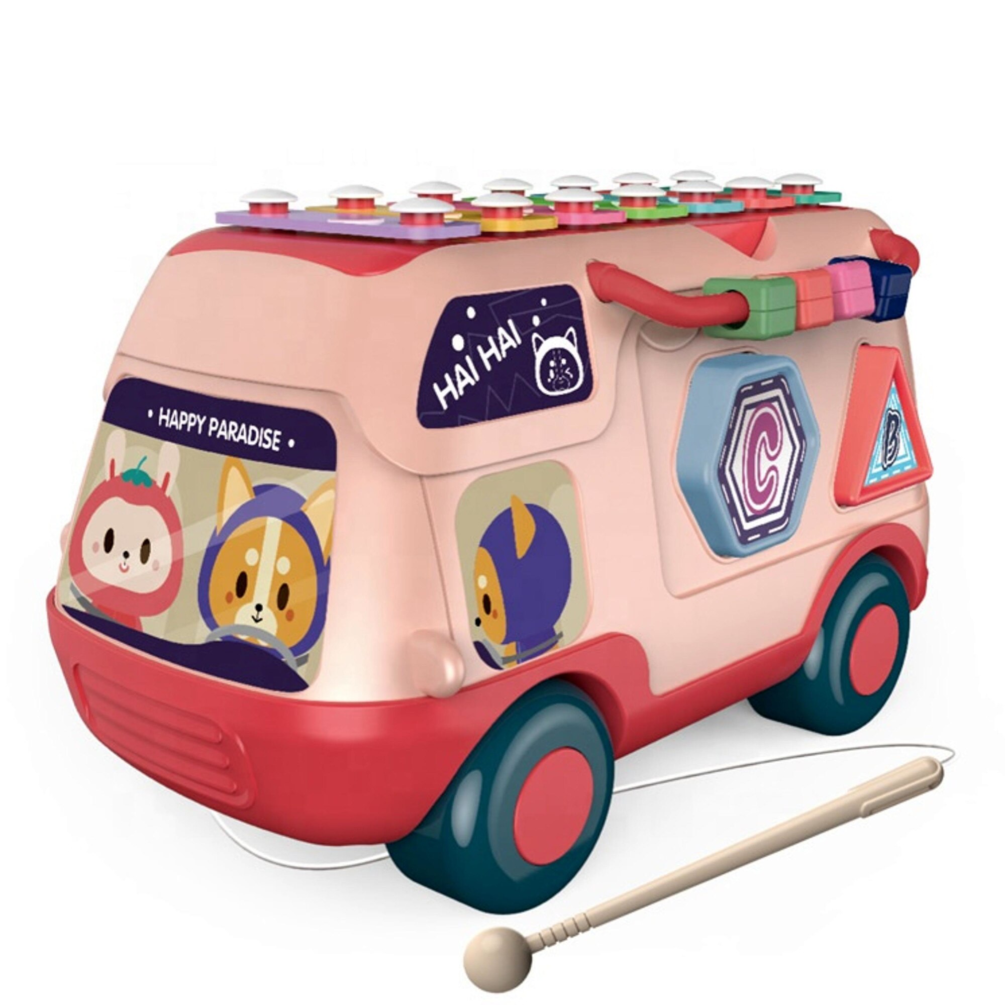 Jucarie interactiva autobuz xilofon si sortare de forme, roz