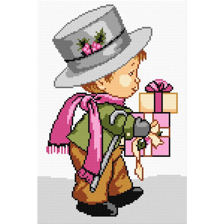 Goblen baiat cu cadouri de Craciun , Hudemas , kit imprimat pe panza , cu fire mouline 10x15cm