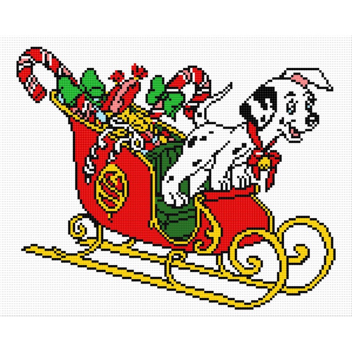 Goblen dalmatian pe sania lui Mos Craciun , Hudemas , kit imprimat pe panza , cu fire mouline