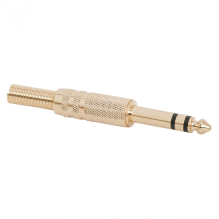 Mufa JACK placat cu aur stereo, 6,3 mm, Metalic, cu protectie pentru cablu, Pachet 5 bucati