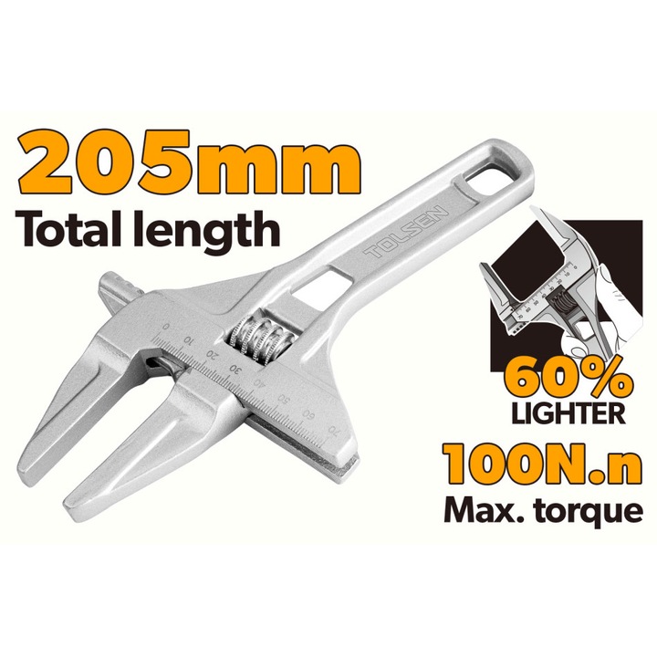 Cheie reglabila din aluminiu TOLSEN 205 mm, deschidere 10-68 mm, usoara si durabila, maxilar lat, pentru piulite robineti si tevi, cuplu 100 Nm, Industrial, corp din aluminiu de inalta rezistenta, falca ajustabila cu mecanism precis