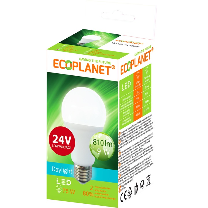 Bec LED Ecoplanet, 24V (DC) joasa tensiune, E27, 9W (75W), 810 LM, A+, lumina rece 6500K, Mat