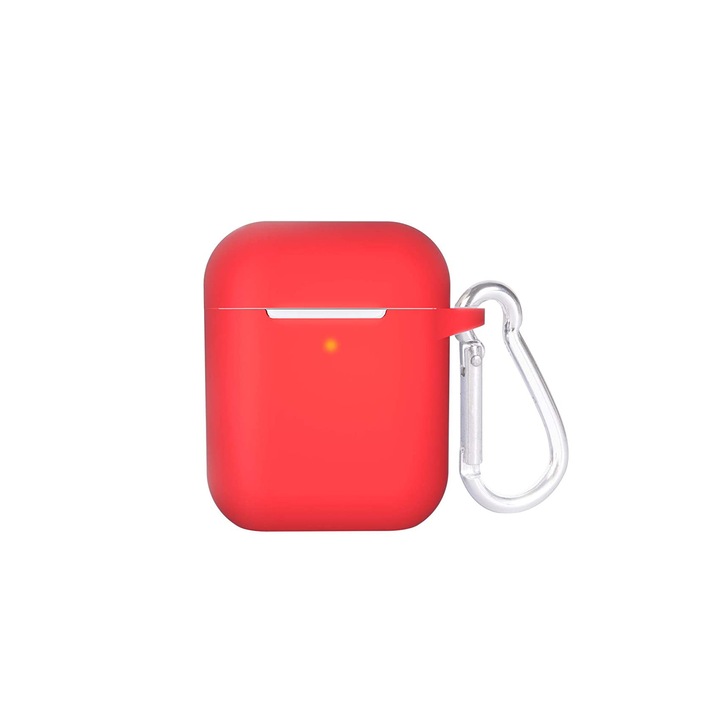 Ultravékony szilikon tok Apple Airpods 1&2-hez, puha anyag, kellemes tapintású, karabinerrel, karcolás és por ellen, piros, pöttyös