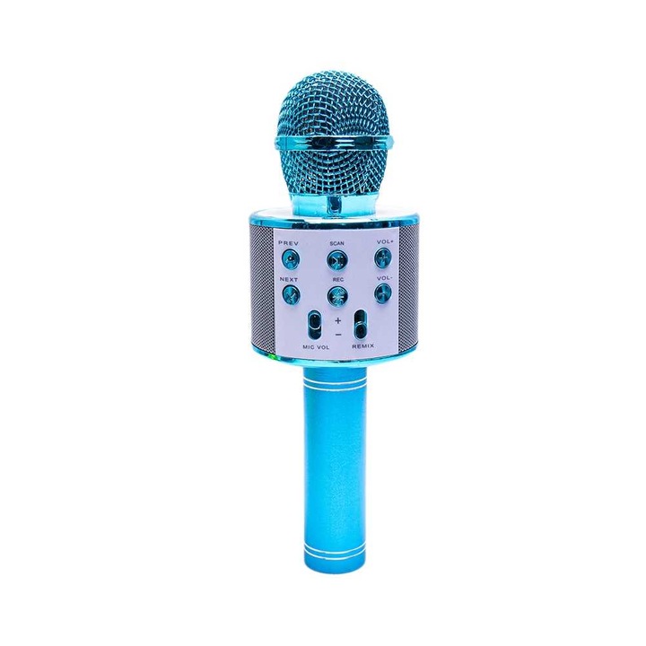 Microfon Karaoke cu baterii si difuzor, Albastru, 3 ani +
