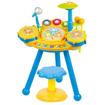 Set Muzical pentru Copii cu Orga Electronica, Microfon si Set de Tobe, Scaunel Inclus, Galben/Albastru Set Muzical pentru Copii cu Orga Electronica, Microfon si Set de Tobe, Scaunel Inclus, Galben/Albastru