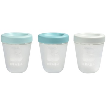 Set 3 recipiente silicon Beaba Jungle, 200ml, Albastru/Gri Set 3 recipiente silicon Beaba Jungle, 200ml, Albastru/Gri