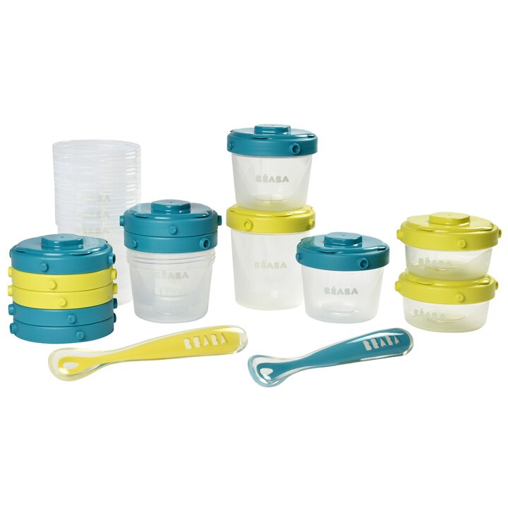 Set 12 recipiente ermetice si 2 lingurite silicon Beaba, Blue/Galben