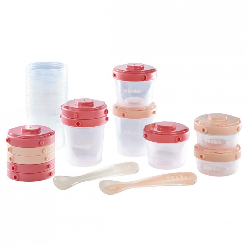 Set 12 recipiente ermetice si 2 lingurite silicon Beaba, Roz/Bej